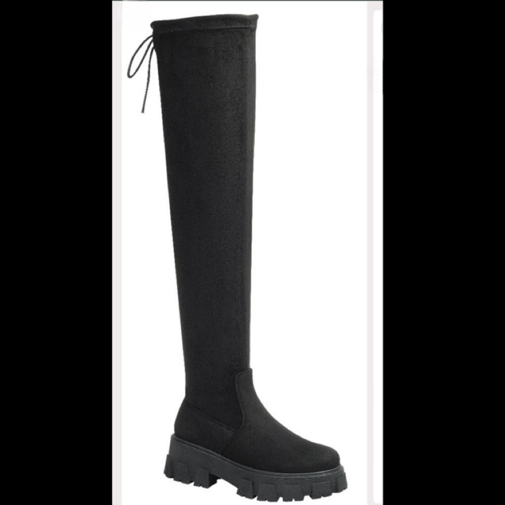 Black Over knee Platform Chunky Heel Boots - Picture 2 of 2